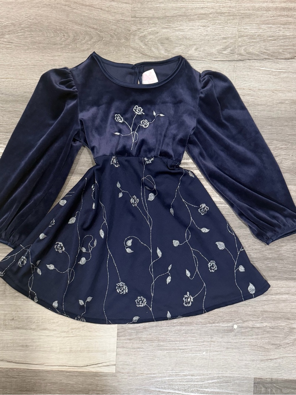 VTG Rose Cottage Girls Navy Velvet Embroidered Floral Fit & Flare Dress Size 4